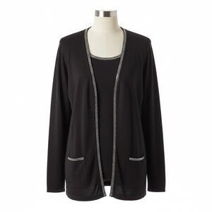 Quaker Factory Black Rhinestone Zip Cardigan Sweater Set M Glam Sparkle Holiday